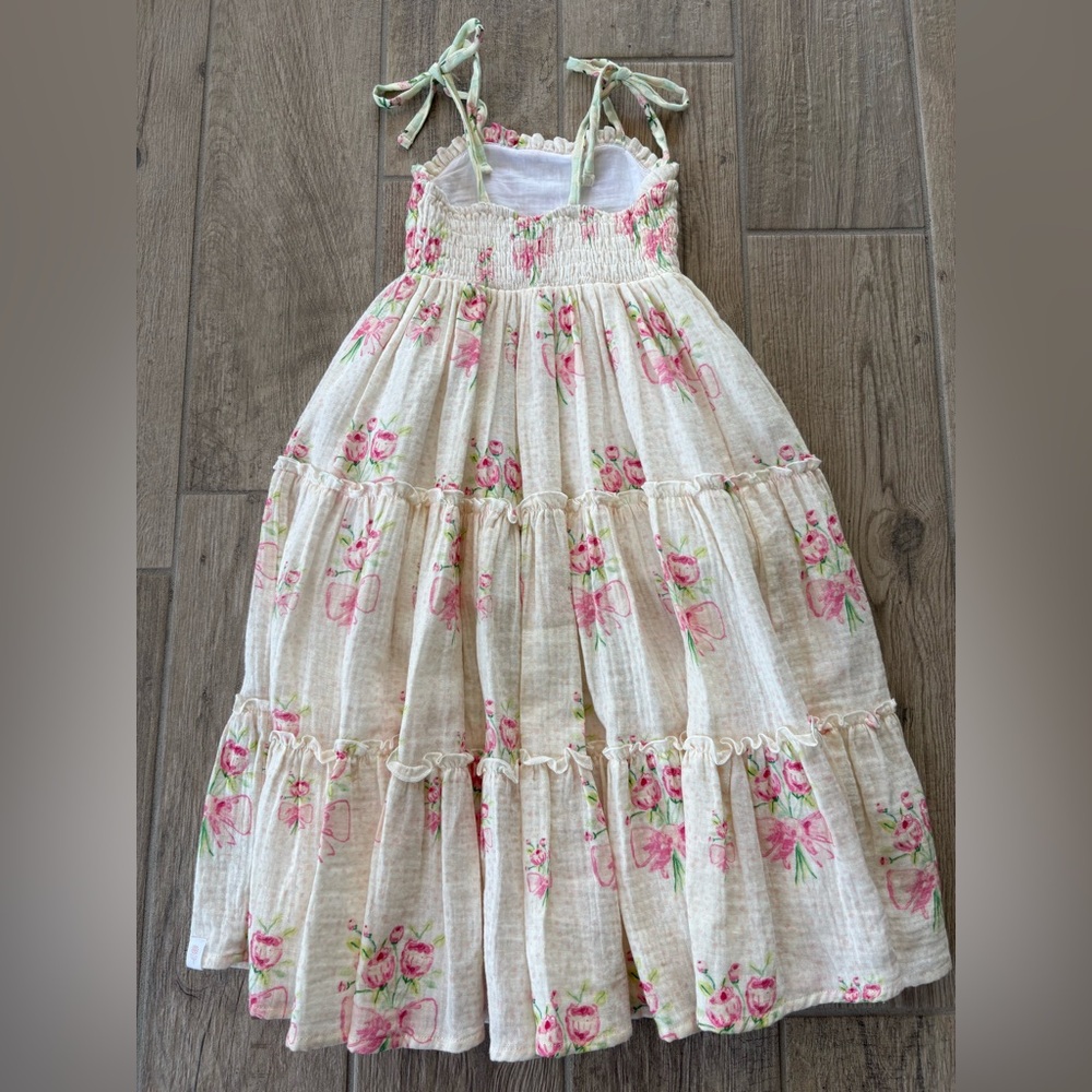 Sweet Honey Girls Floral Tie-Shoulder Tiered Sundress - Pink on Cream Size 3T - Picture 2 of 7